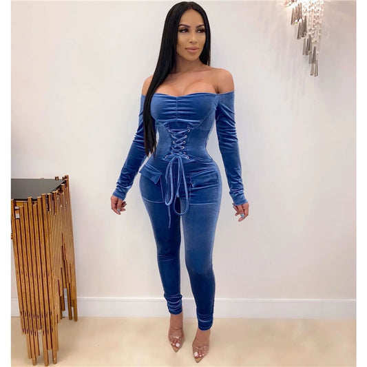 Mbluxy Grommet Lace Up Bandage Velvet Jumpsuit