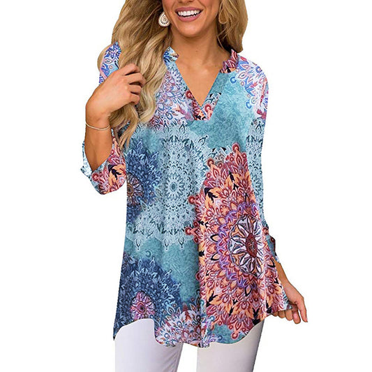 MBluxy Fashion Autumn Flower Print Long Sleeve Irregular Shirt