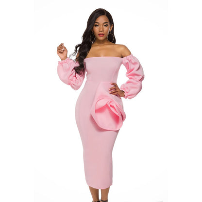 Mbluxy Pink Off Shoulder Lantern Sleeves Dress for Women