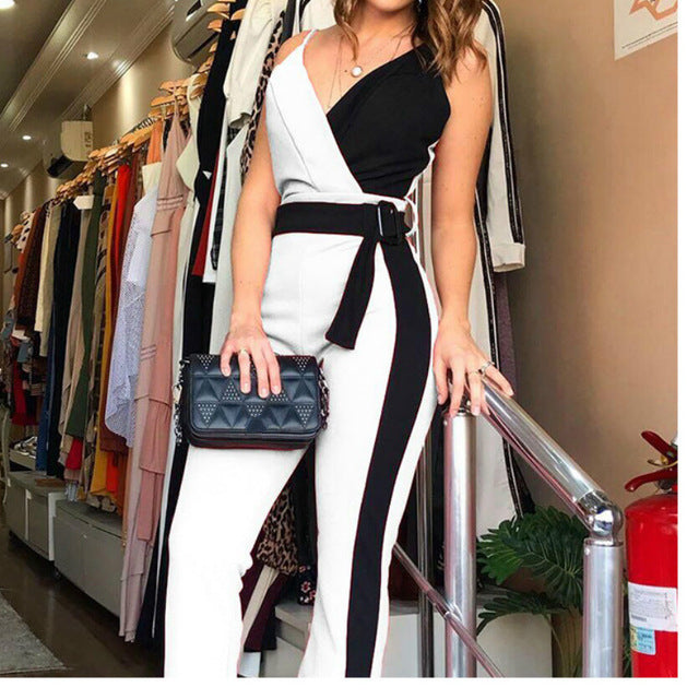 Mbluxy Women Jumpsuit Patchwork Black White V