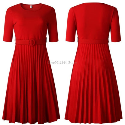 Mbluxy  Women Casual Belted Pleated Dress
